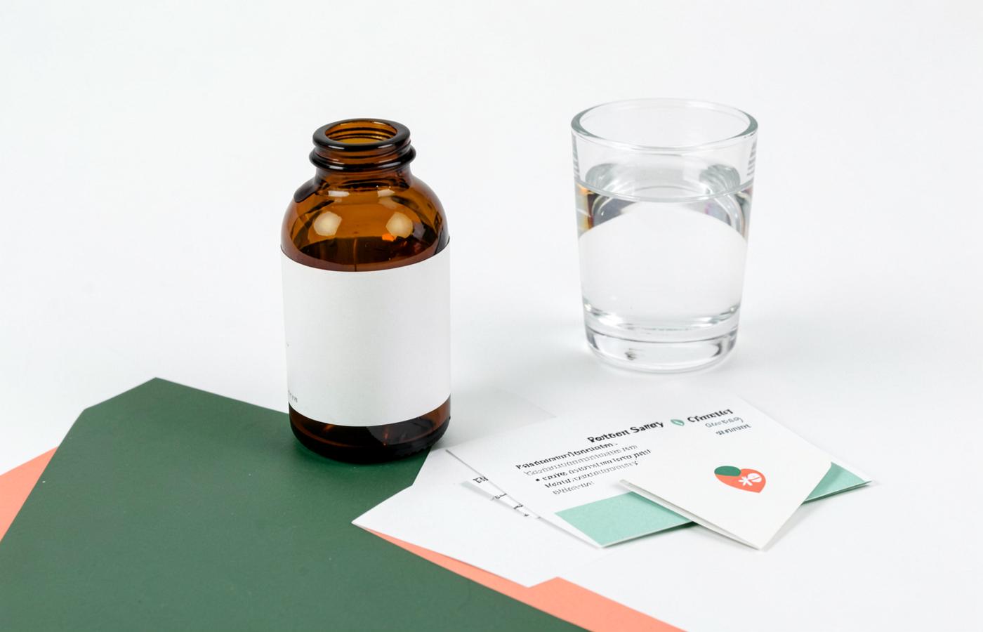 Prescription safety materials, an amber bottle, and a glass of water